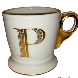 Anthropologie P nitial Monogram Coffee Mug Cup White with Gold Trim